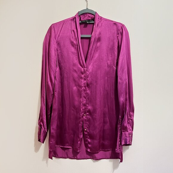 Elizabeth & James Magenta Silk V-Nick Button Down Tunic Blouse Long-sleeve shirt - Picture 3 of 5